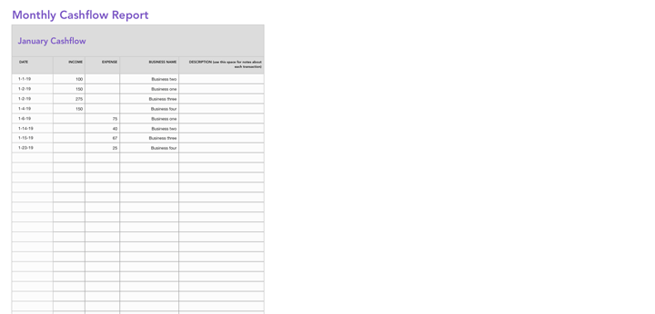 screenshot of cashflow excel template transaction chart